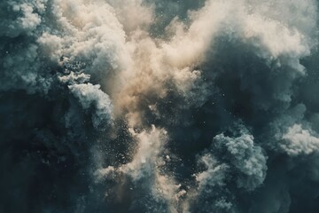 Poster - Organic particles expand in chaotic formations across a dark background, 4K Organic particles expand across the frame like smoke, ash and paint powder