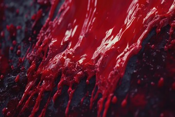 Poster - Red liquid vividly flowing down a textured surface, creating intricate patterns, splashes of red liquid flowing down on the surface