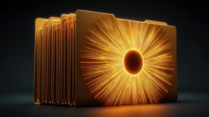 Poster - Book with a radiating sunburst design illustrating the concept of organized knowledge and the power of information sharing