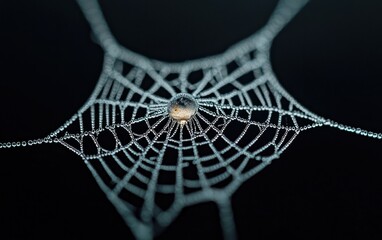 Dew-Covered Spiderweb at Night: Macro Photography