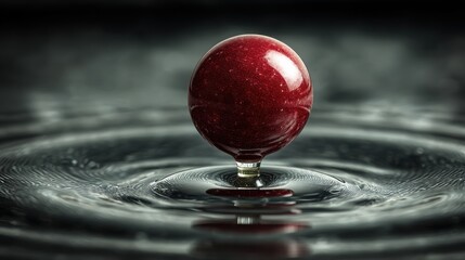 Poster - Striking red egg suspended in a crystal clear water drop creating a mesmerizing ripple effect below it