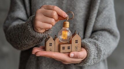 Poster - A person holding a shining light bulb above a simple home representing innovative ideas and inspirational business concepts