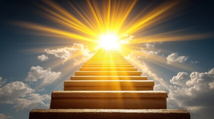 Poster - A stairway leading towards the sun representing enlightenment and the pursuit of dreams in a radiant atmosphere