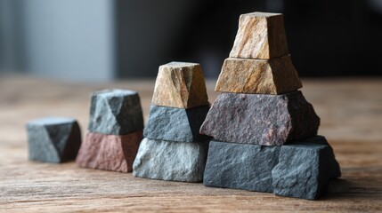 Poster - A unique small pyramid made of rocks positioned on the ground against a natural backdrop highlighting earthy textures