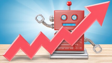 Poster - Advanced robot featuring a bold red arrow pointing upward signifying optimism and growth in the digital age