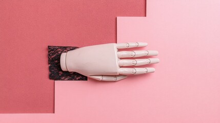 Poster - Futuristic robot hand resting on a soft pink surface symbolizing modern design and technological advancement in robotics
