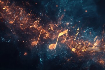 Poster - Music notes flowing through a vibrant cosmic background creating a captivating visual experience, Music notes flowing