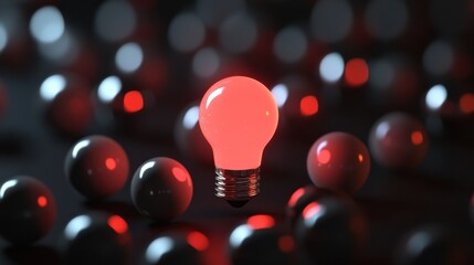 Poster - A striking red light bulb emits a soft glow amidst a sea of white spheres, creating a captivating contrast against a dark background. Ideal for creative themes.