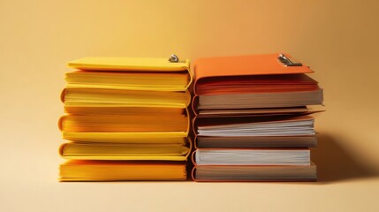 Poster - Warm light casting soft shadows on a balanced array of folders signifying structure and order in professional setting