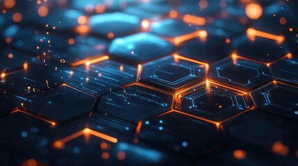 Poster - A close-up view of interconnected hexagonal patterns, illuminated with vibrant lights, showcasing futuristic technology elements.