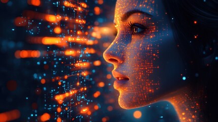 Poster - A mesmerizing portrait of a woman with a digital data overlay, blending technology and beauty. The glowing patterns and abstract visuals create a stunning futuristic vibe.