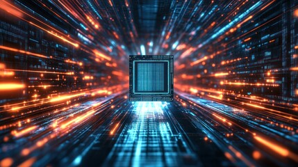 Poster - A dynamic representation of a computer chip surrounded by vibrant light trails, symbolizing high-speed data processing.