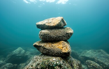 Poster - Underwater Stack of Rocks Covered with Organisms