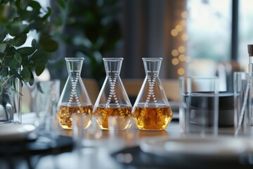 Poster - DNA strand displayed over beakers containing liquid substances used in vaccine research and development, dna strand over beakers and vaccine