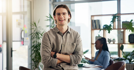 Poster - Creative, crossed arms and portrait of business man with smile for confidence, pride and ambition. Professional, office and person for copywriting agency, journalism and editor for online magazine