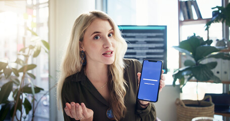Aufkleber - Phone screen, business woman and video call presentation for software investment, funding or POV on app. Mobile, virtual meeting or portrait in webinar with UX designer to pitch creative startup idea