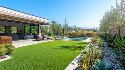 Fototapete - An expansive, tree-free backyard with vibrant green grass and a perfect blue sky 