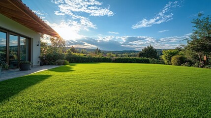 Fototapete - An open, bright backyard with soft green grass and a stunning, tree-free blue sky 