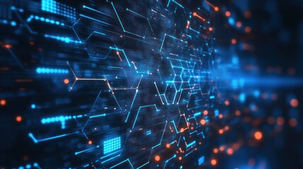 Poster - Abstract digital circuits glowing with bright blue and orange lights, illustrating modern technological advancements.