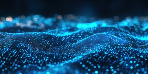 Digital landscape with glowing blue dots forming waves against a dark background with bokeh lights