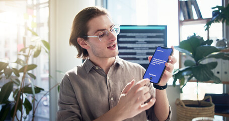 Poster - Phone screen, business man and webinar presentation for software development, music app and funding. Mobile, virtual conference and video call POV with UX developer to pitch creative startup idea