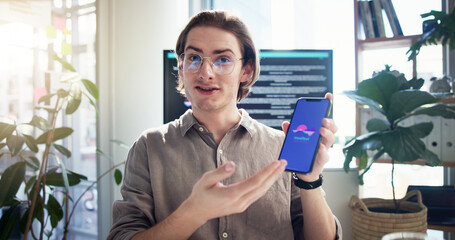 Aufkleber - Phone screen, business man and video call presentation for software proposal, app and funding. Mobile, online meeting and webinar in portrait with ux developer to pitch creative startup idea in POV