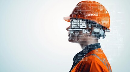 Aufkleber - Double exposure worker wearing safety helmet inside workshop concept. Innovative construction worker with digital overlay technology.