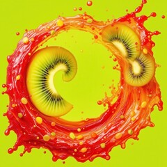 Poster - A vibrant splash of fruit juice encircles slices of kiwi, creating a dynamic and colorful composition on a bright yellow background.