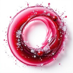 Poster - A dynamic splash of vibrant red liquid, adorned with playful bubbles and snowflakes, forming a circular shape against a white background.