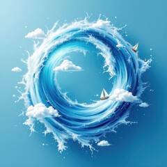 Poster - A surreal circular wave design with boats and clouds on a vibrant blue background, evoking a sense of tranquility and creativity.
