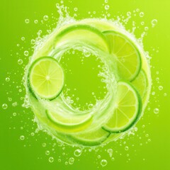 Poster - A vibrant splash of lime slices surrounded by bubbles, set against a bright green background, evoking freshness and zest.