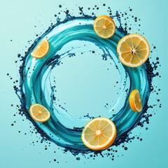 Poster - A vibrant splash of water encircles fresh lemon slices, creating a refreshing and dynamic visual with a turquoise backdrop.