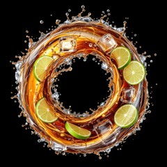 Poster - A vibrant circular splash of iced tea with lime slices, creating a refreshing visual on a black background.