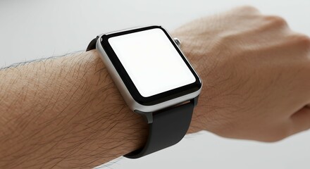 Close-up of a person’s wrist wearing a modern smartwatch with a blank screen. close-up smartwatch. suitable for a mockup