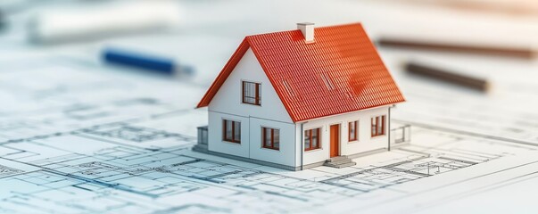 Poster - Building house on blueprint under plan and architecture concept. A model house on architectural plans showcasing modern design.