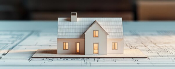Aufkleber - Building house on blueprint under plan and architecture concept. Stylish model home on blueprints, showcasing modern architecture.