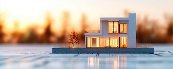 Aufkleber - Building house on blueprint with a focus on architecture and vignetting concept. A modern miniature house model showcasing contemporary design details.
