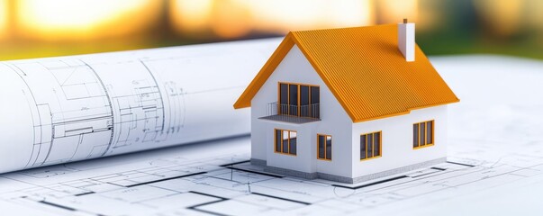 Poster - Building house on blueprint under plan and architecture concept. A model house on blueprints, representing architectural design.