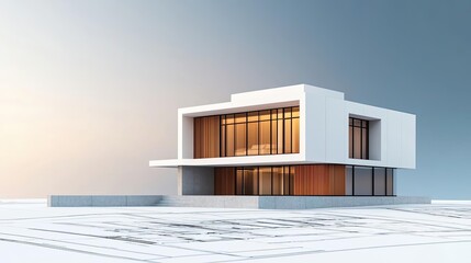 Aufkleber - Building house on blueprint with a focus on architecture and vignetting concept. Modern architectural design showcasing sleek lines and materials.
