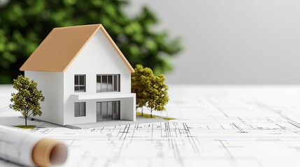 Aufkleber - Building house on blueprint with a focus on architecture and vignetting concept. A scale model of a house on architectural blueprints.