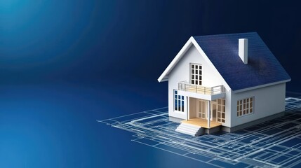 Aufkleber - Building house on blueprint with a focus on architecture and vignetting concept. Modern house design model on a blueprint background.