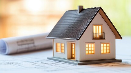 Aufkleber - Building house on blueprint with vignetting and construction concept. A detailed miniature house model on architectural blueprints.