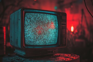Poster - Old television displaying static and distortion in a dimly lit room with red and blue lighting, television video distortion and static old tv