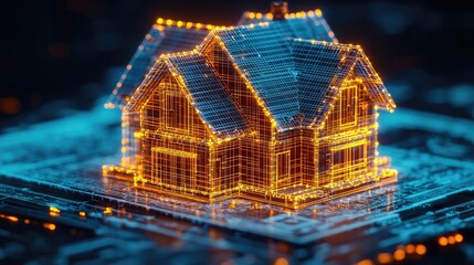 Leinwandbilder - Building house on blueprint with vignetting and construction concept. A glowing digital house on a circuit board representing technology.