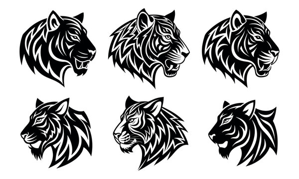 Vector set of tiger logos, face for logos, emblems, badges and labels. Isolated on white background