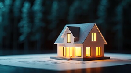 Aufkleber - Building house on blueprint under plan and architecture concept. Illuminated model house on blueprint, showcasing modern design.