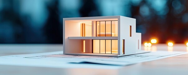 Aufkleber - Building house on blueprint with a focus on architecture and vignetting concept. Modern architectural model showcasing innovative design features.