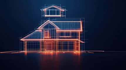 Aufkleber - Building house on blueprint with vignetting and construction concept. Futuristic blueprint of a modern house design in neon style.