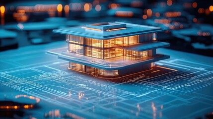 Aufkleber - Building house on blueprint under plan and architecture concept. A modern architectural model glowing on a blueprint backdrop.