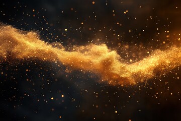 Poster - Organic particles with golden trails flow dynamically across a dark background highlighting their movement and texture, Organic particles with trails flow across the frame